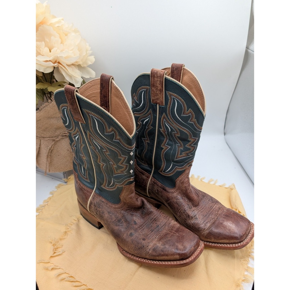 Cody James Mens 10D Square Toe Cowboy Boots‎ Brown Teal Leather BBS20 Distressed